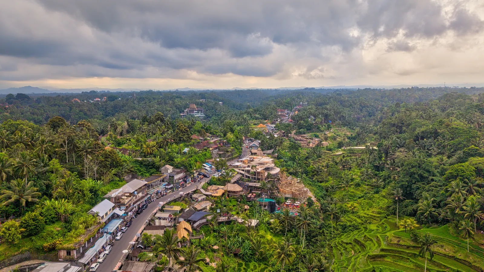 Sawah berundak dan permukiman di Bali dilihat dari udara